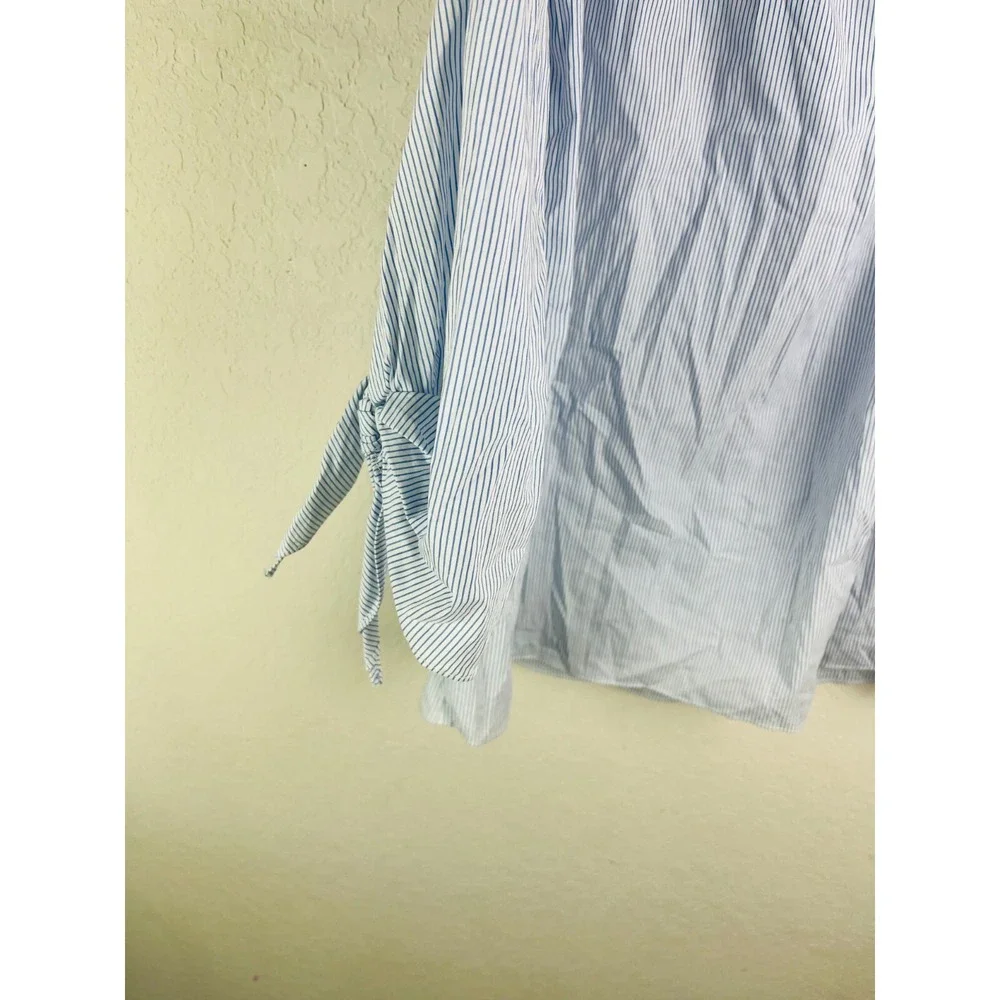 DO+BE‎ Blue White Stripe Off Shoulder Blouse Tie Sleeve Balloon Hem Size Small - Picture 5 of 9